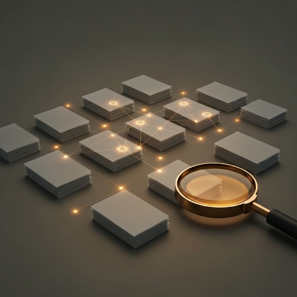 Dark scene of floating document pages connected by amber search query highlights