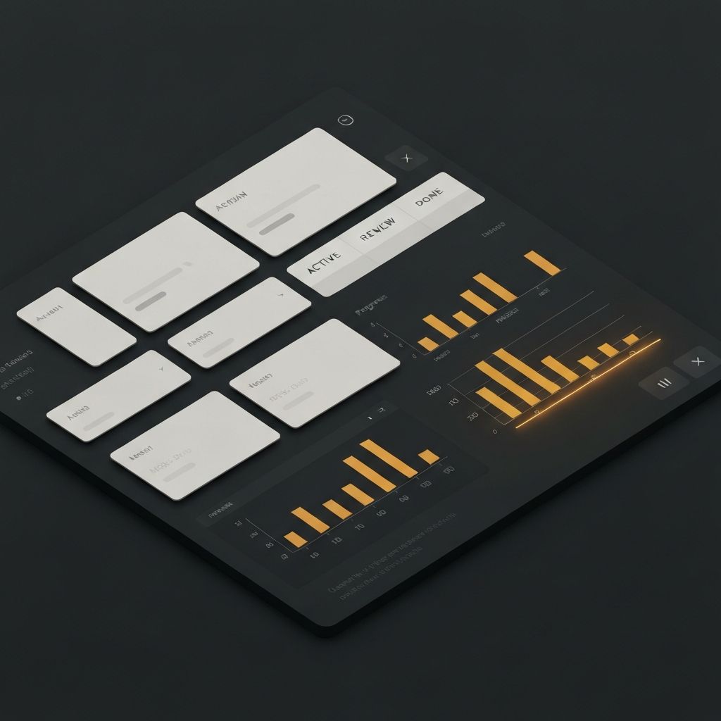 Dark banking project management dashboard with amber accent metrics and kanban boards